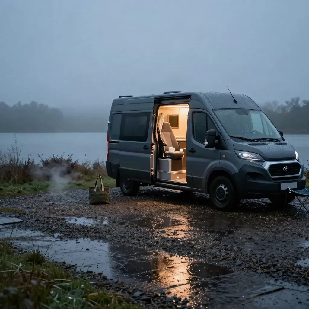 Graphite campervan on a wet lakeside pitch at dusk with gear, mist, and warm cabin glow.