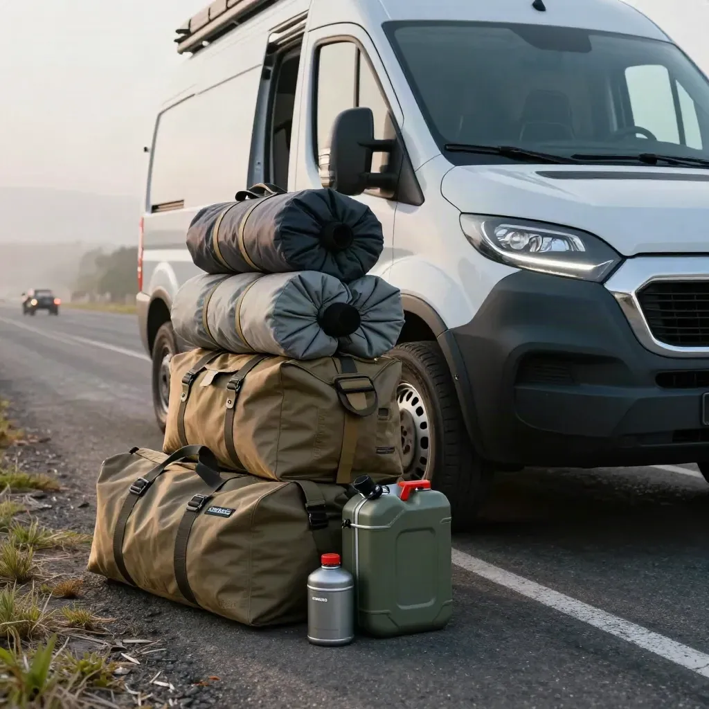 Campervan nose loaded for a long road trip with travel gear and fuel can on shimmering asphalt.