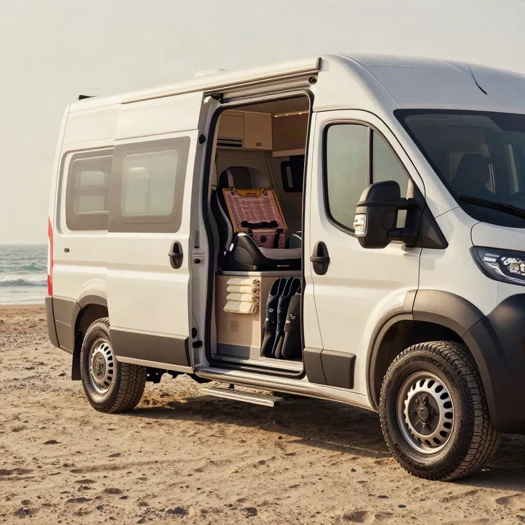 Compact motorhome packed for a family coast run, with child seat, blankets and wetsuit bags by the side door.