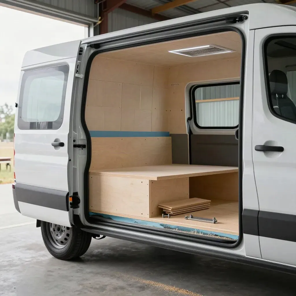 Van interior with insulated panels, bed platform, vent grille and plywood offcuts in workshop light.