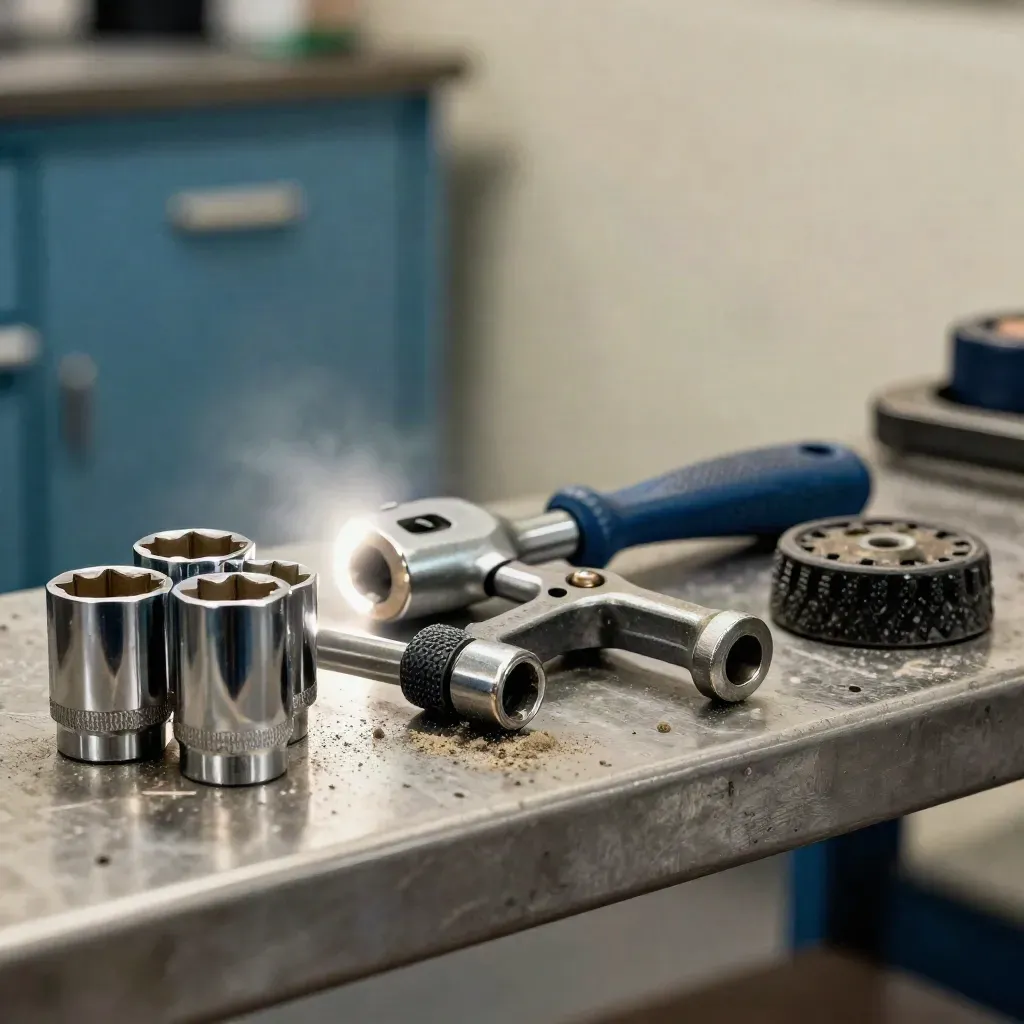 Socket set, torque wrench, wheel brace and chock on a steel service bench in cool workshop light