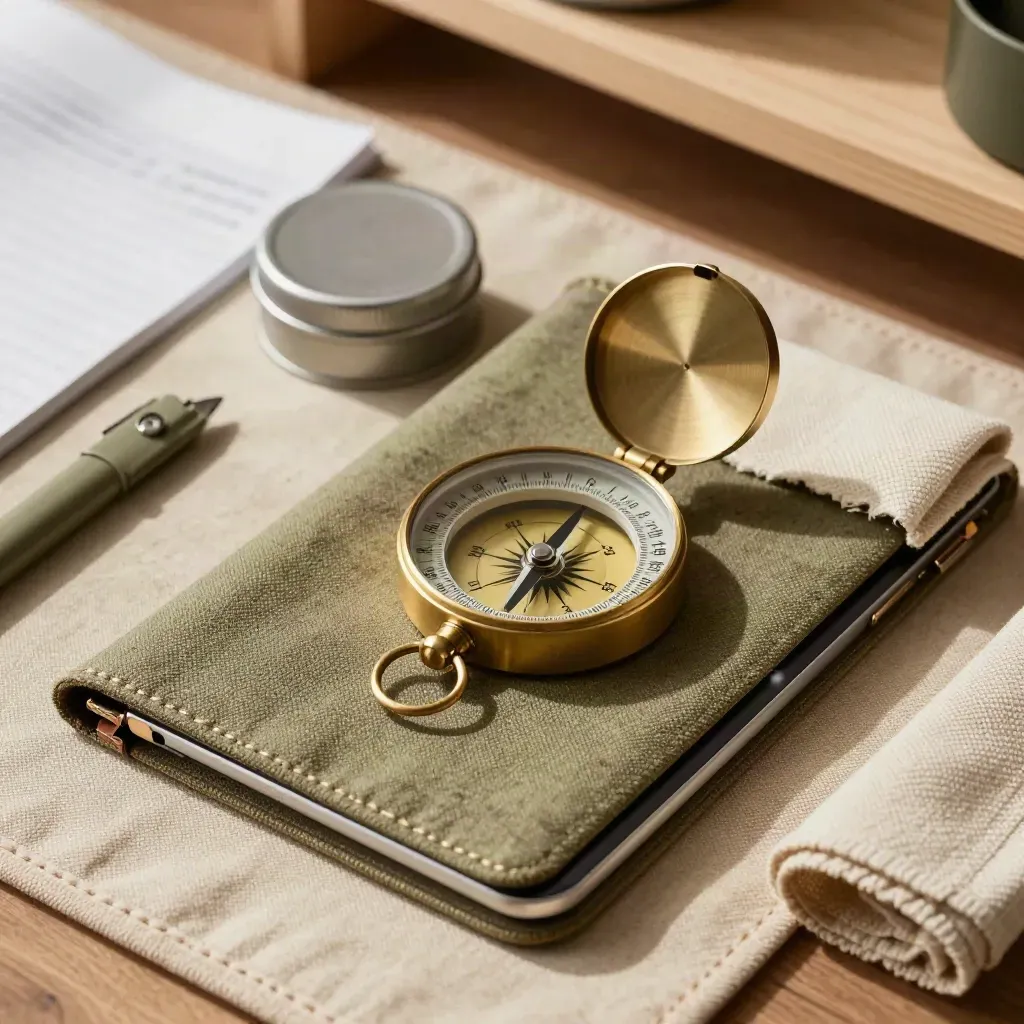 Closed planning tablet, compass, peg tin and fabric swatch on a canvas mat.