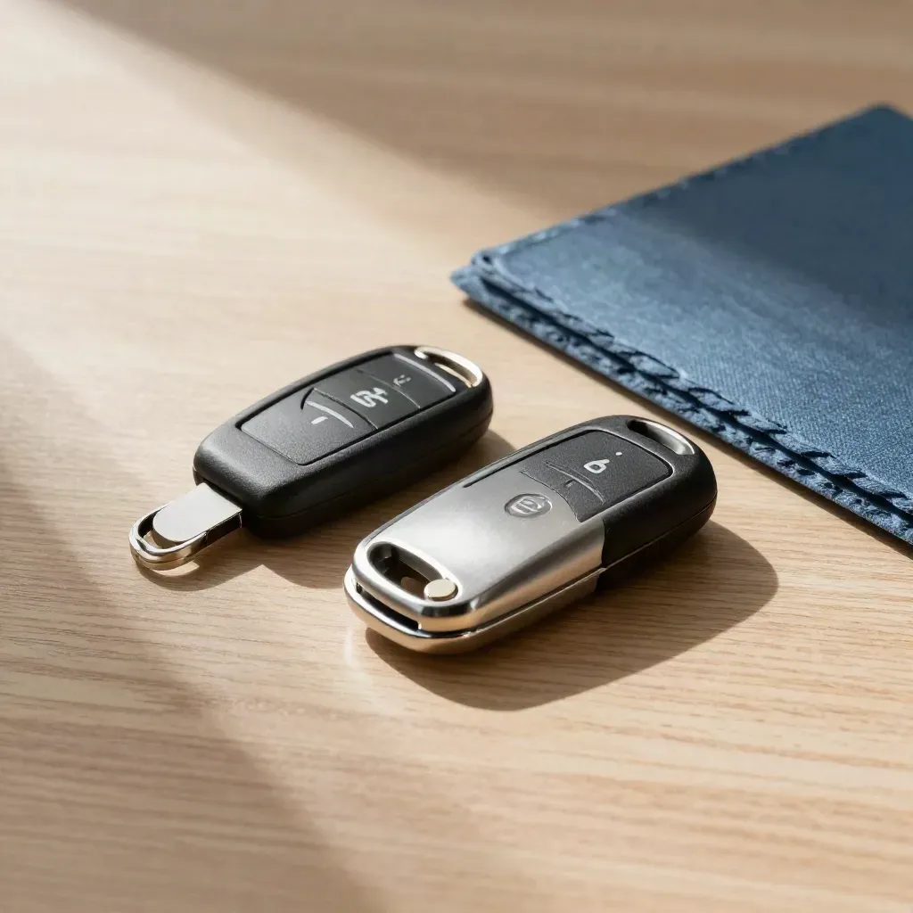 Campervan key fobs with mileage and insurance tokens beside a slate-blue seat-fabric swatch