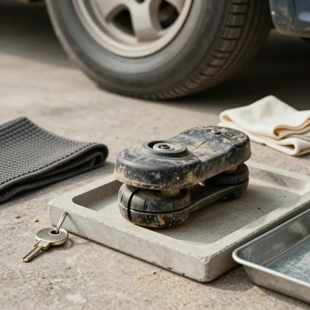 Mud-speckled wheel chock, key ring, boot mat and return tray on concrete beside a clean wheel arch.